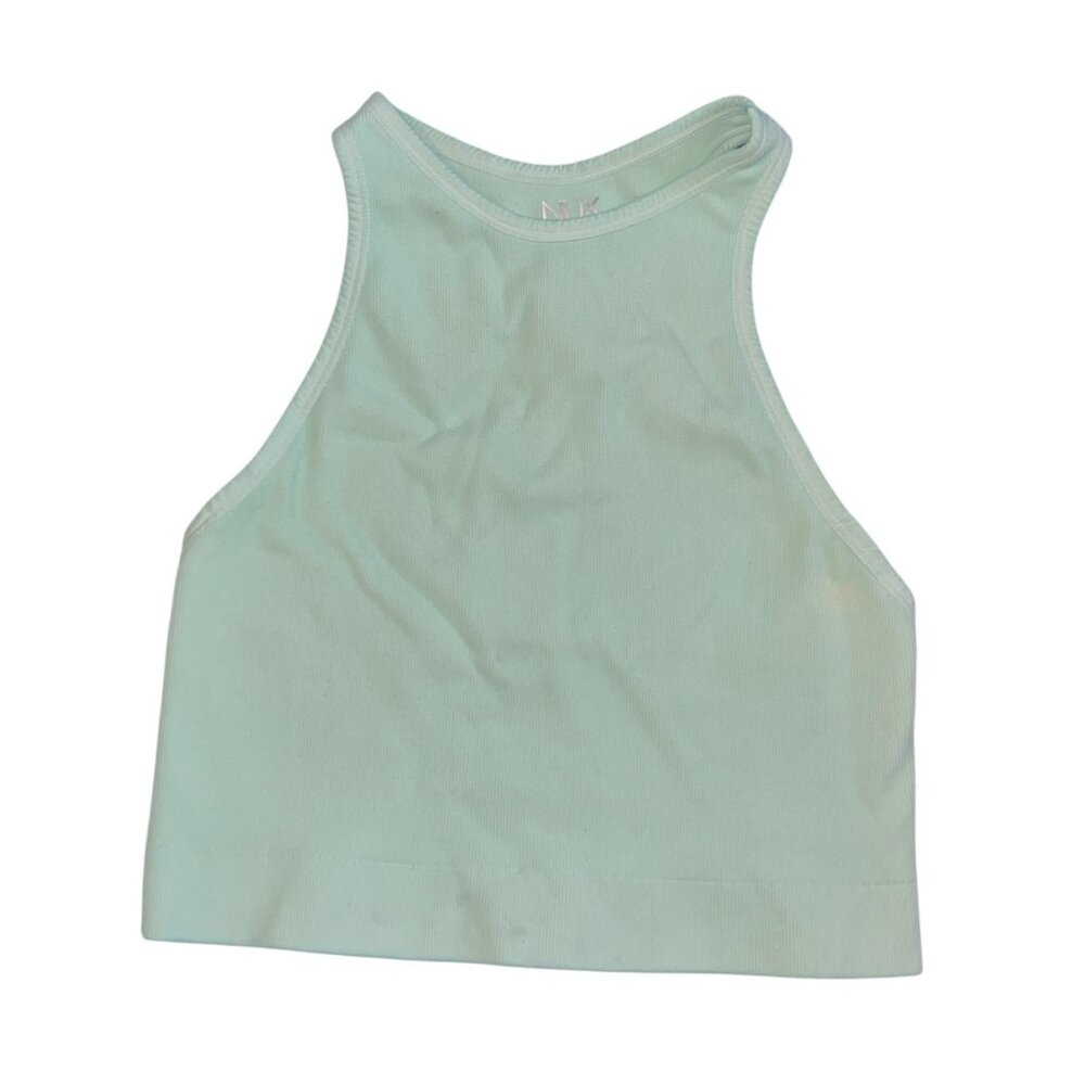 Nux High Neck Ribbed Racerback Crop Sports Bra Tank Top Sz Large Womens Green